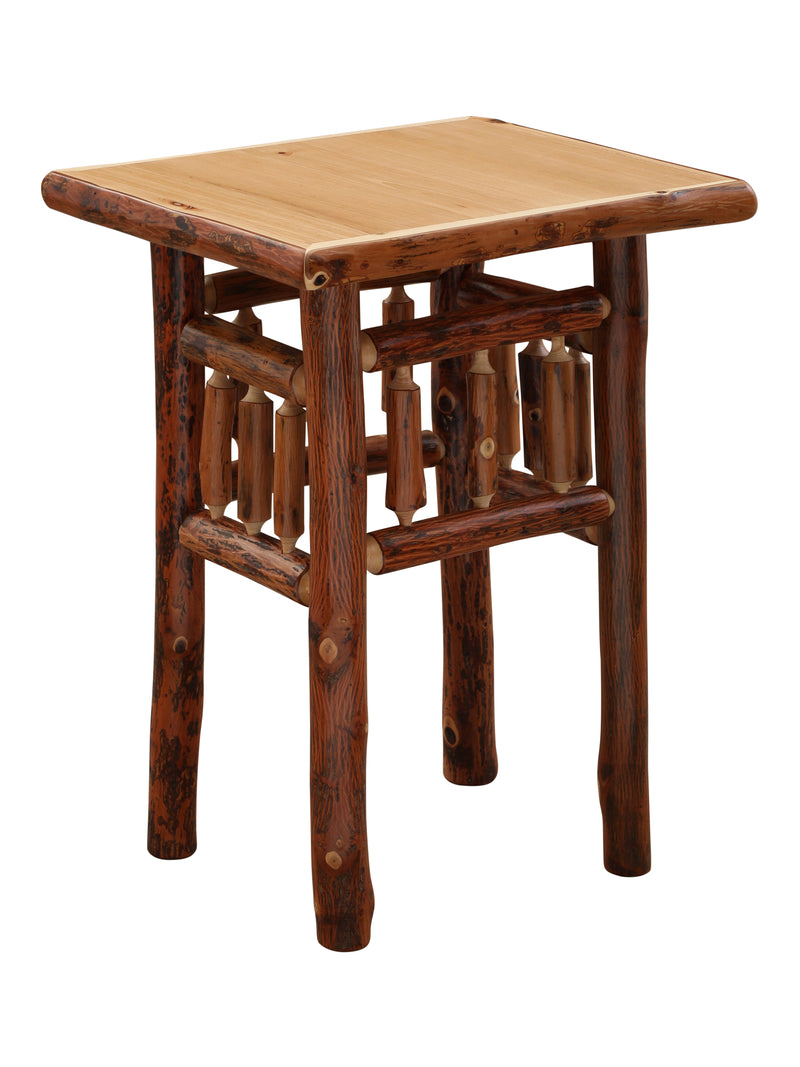 Angled view of the Mount Sopris Hickory Log Nightstand in Natural showing hickory spindle side panels