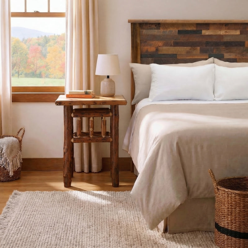 Mount Sopris Hickory Log Nightstand in Natural beside a bed with white bedding and a table lamp near a bright window