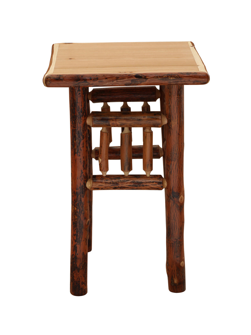 Front view of the Mount Sopris Hickory Log Nightstand with bark-on hickory legs and open design