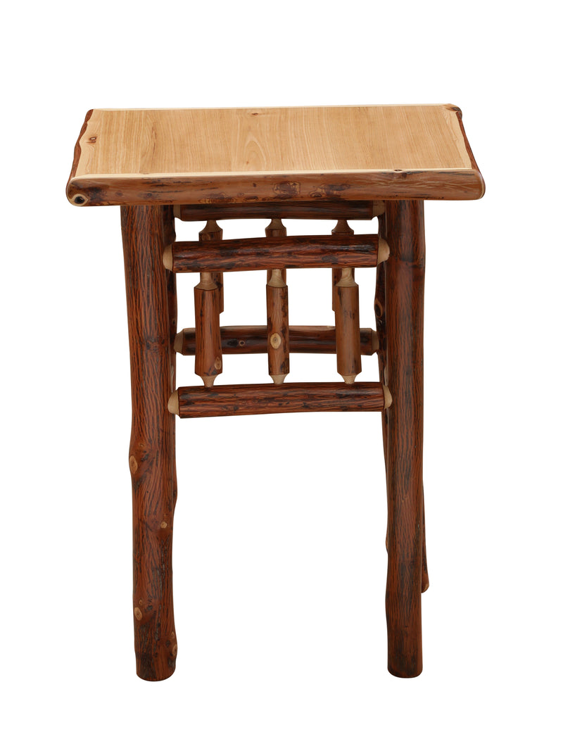 Side view of the Mount Sopris Hickory Log Nightstand showing the hickory spindles and live-edge top