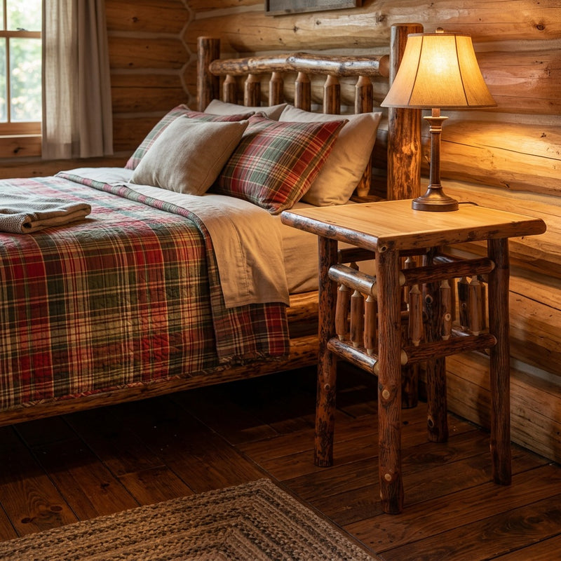 Mount Sopris Hickory Log Nightstand with a glowing lamp beside a log bed and plaid quilt in a cabin bedroom