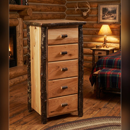 Mount Spalding Hickory Log Lingerie Chest styled in a rustic log cabin bedroom with a stone fireplace and lamp