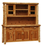 Angled view of the Mount Stratus Cedar Log Buffet and Hutch with Open Shelving