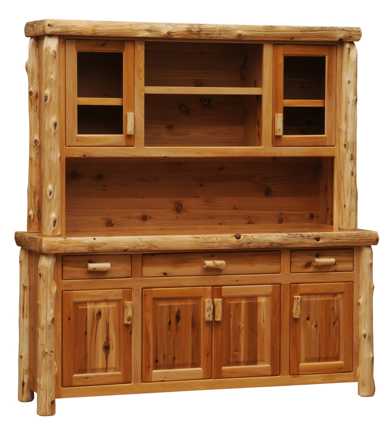 Angled view of the Mount Stratus Cedar Log Buffet and Hutch with Open Shelving