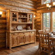Mount Stratus Cedar Log Buffet and Hutch with Open Shelving in a rustic cabin dining room