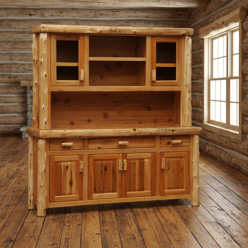 Mount Stratus Cedar Log Buffet and Hutch with Open Shelving staged in a sunlit log cabin dining room