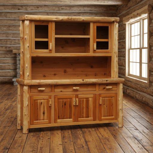 Mount Stratus Cedar Log Buffet and Hutch with Open Shelving staged in a sunlit log cabin dining room