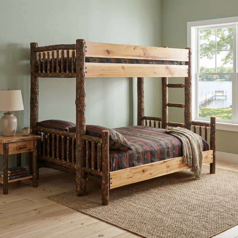 Mount Tabeguache Hickory Log Bunk Bed in Twin over Queen configuration against a sage green wall with a window view