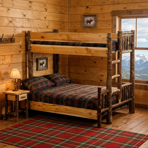 Mount Tabeguache Hickory Log Bunk Bed in a knotty pine lodge bunk room with a snowy peak window view and red plaid rug