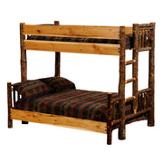 Mount Tabeguache Hickory Log Bunk Bed in Twin over Full configuration on a white background with natural hardwood rails