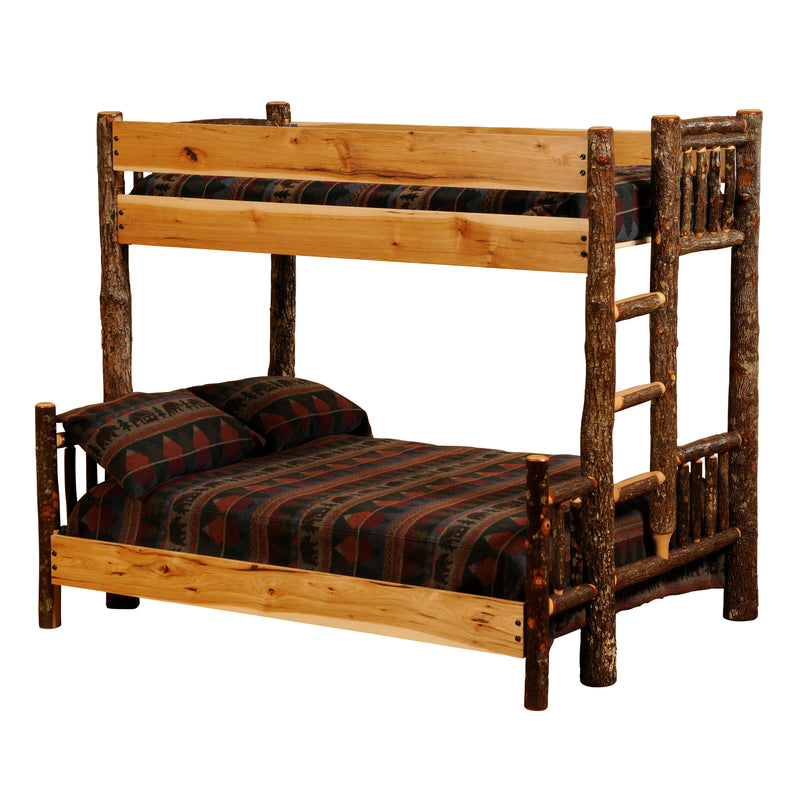 Mount Tabeguache Hickory Log Bunk Bed in Twin over Full configuration on a white background with natural hardwood rails