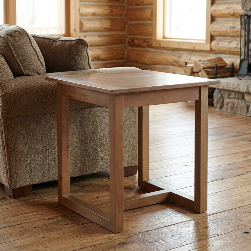 Mount Thomas Solid Hickory Open End Table staged in a sunlit log cabin living room