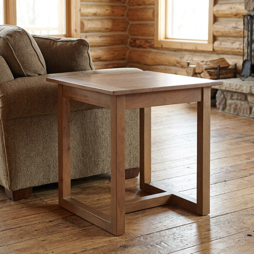 Mount Thomas Solid Hickory Open End Table staged in a sunlit log cabin living room
