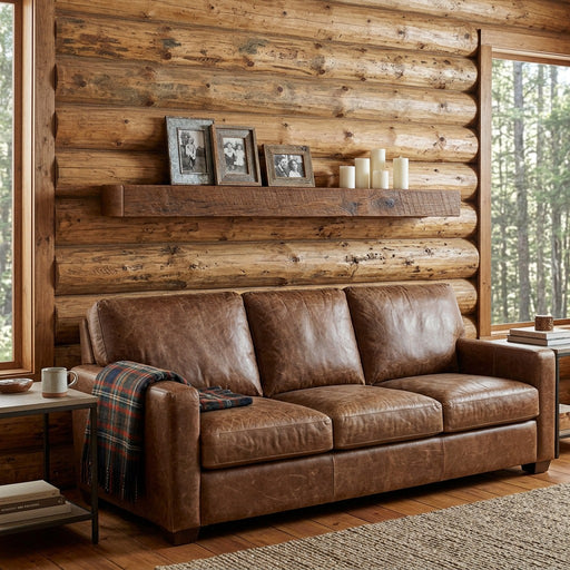 Mount Tileston Reclaimed Barnwood Floating Shelf staged in a sunlit log cabin living room
