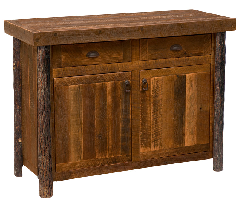 Angled view of the Mount Trelease Barnwood and Hickory Buffet showing hickory log legs