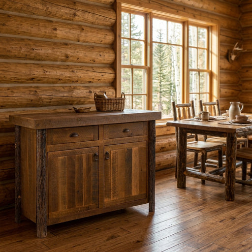 Mount Trelease Barnwood and Hickory Buffet staged in a sunlit log cabin dining room