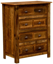 Angled view of the Mount Tweto Reclaimed Barnwood Chest of Drawers in weathered reclaimed oak with dark cup pulls