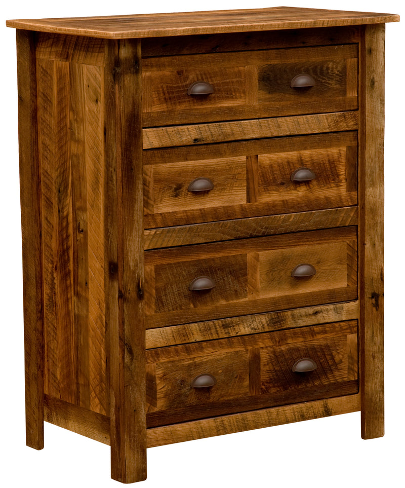 Angled view of the Mount Tweto Reclaimed Barnwood Chest of Drawers in weathered reclaimed oak with dark cup pulls