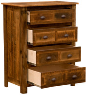 Angled view of the Mount Tweto Reclaimed Barnwood Chest of Drawers with drawers open to show the cedar-bottom drawer boxes