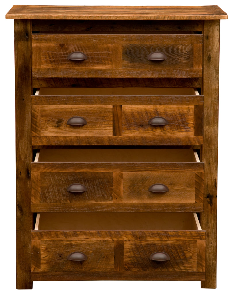 Front view of the Mount Tweto Reclaimed Barnwood Chest of Drawers with drawers pulled out on soft-close glides