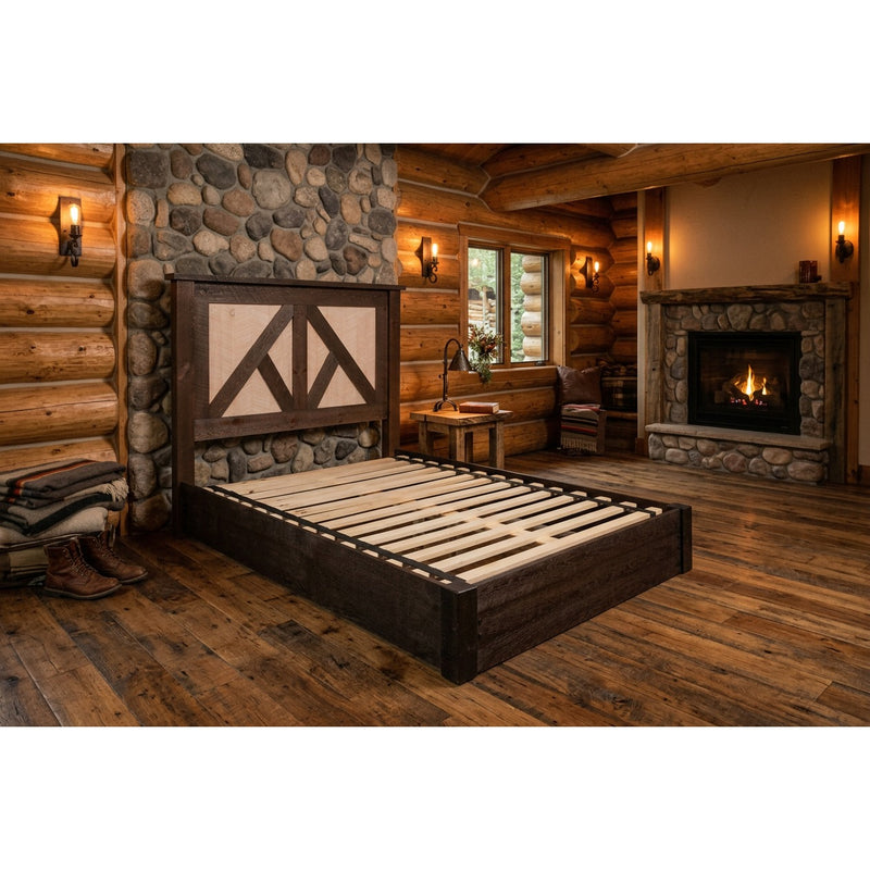 Mount Valhalla Pine Cottage Platform Bed staged in a rustic log cabin bedroom