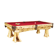 Angled view of the Mount Warren Cedar Log Pool Table showing the cedar log legs