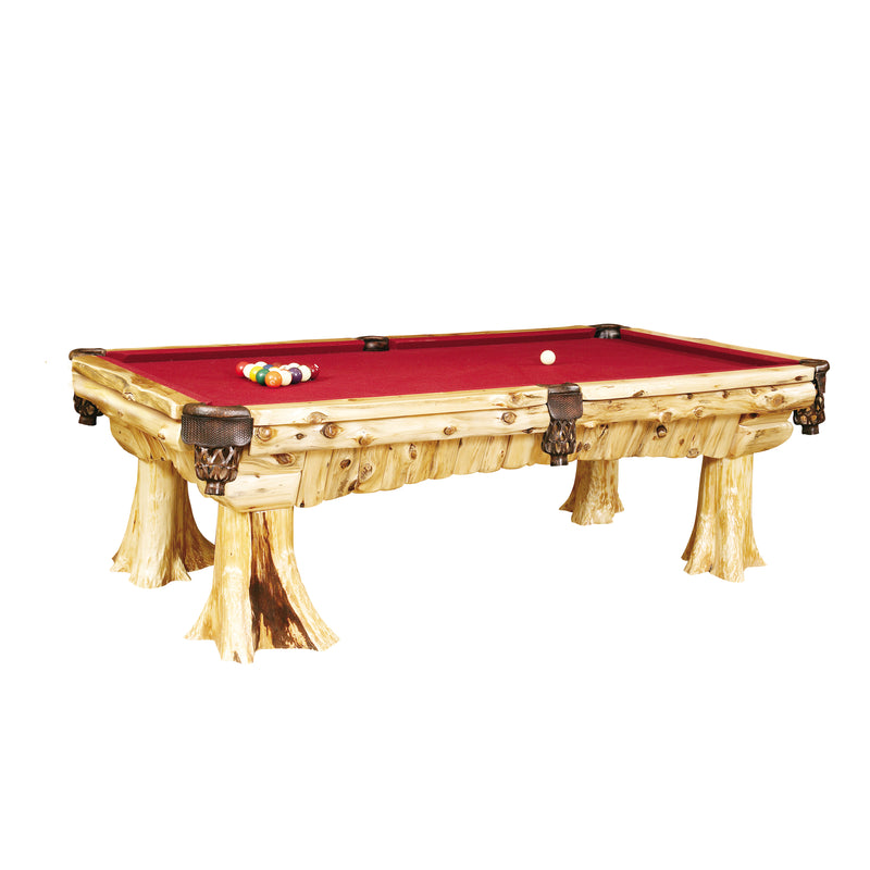 Angled view of the Mount Warren Cedar Log Pool Table showing the cedar log legs