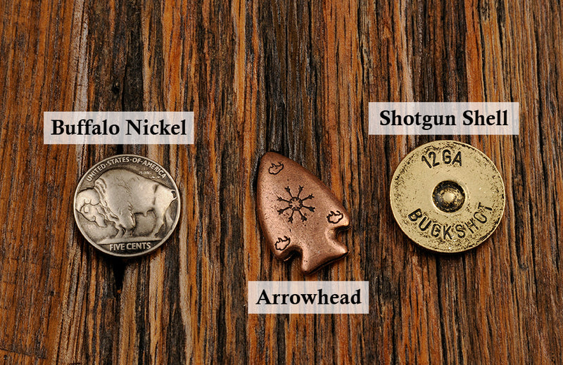 Ball sight styles shown for the Mount Warren Cedar Log Pool Table: buffalo nickel, arrowhead, and shotgun shell