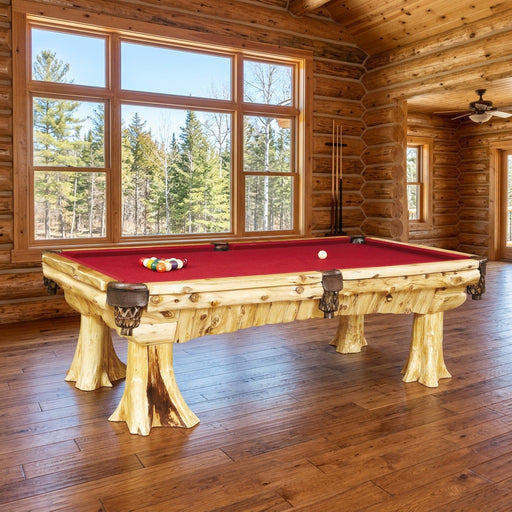 Mount Warren Cedar Log Pool Table staged in a sunlit log cabin game room