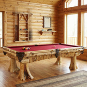 Mount Warren Cedar Log Pool Table with red felt in a bright cabin game room