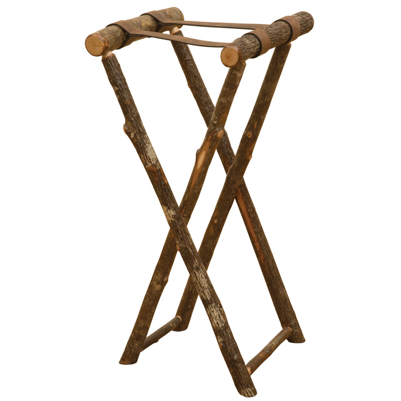 Angled view of the Mount White Hickory Log Tray Stand