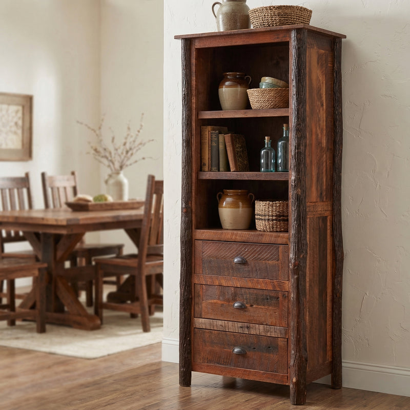 Mount Wuh Barnwood and Hickory Open Pantry in a bright cabin kitchen