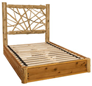 Angled view of the Mount Yale Cedar Log Twig Platform Bed showing the woven cedar twig headboard and slatted platform