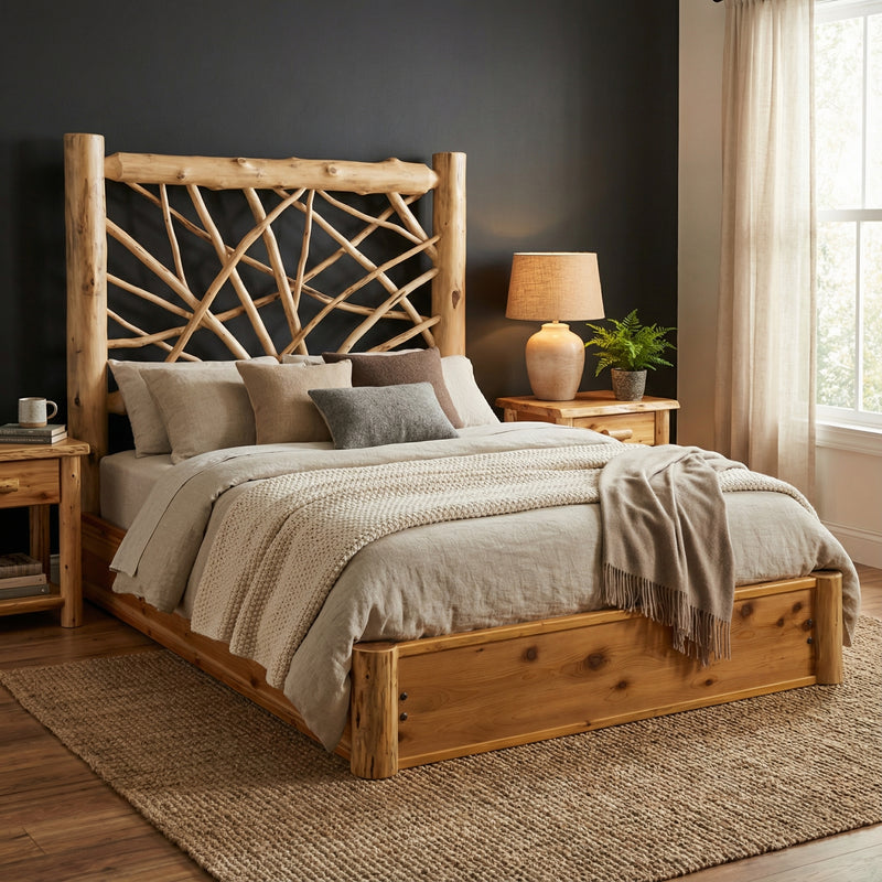 Mount Yale Cedar Log Twig Platform Bed with a cream throw and gray pillows against a charcoal wall in a warm rustic bedroom