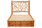 Straight-on view of the Mount Yale Cedar Log Twig Platform Bed showing the full slat deck and paneled cedar platform base