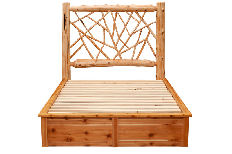 Straight-on view of the Mount Yale Cedar Log Twig Platform Bed showing the full slat deck and paneled cedar platform base