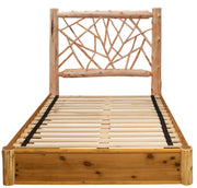 Front view of the Mount Yale Cedar Log Twig Platform Bed with cedar branch headboard and solid platform rails