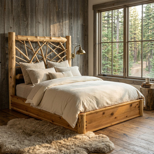 Mount Yale Cedar Log Twig Platform Bed staged in a barnwood-walled cabin bedroom with a sheepskin rug and pine forest window view