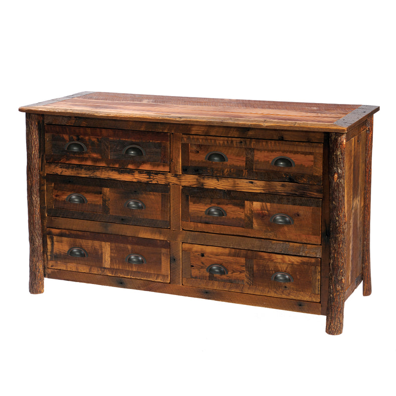 Angled view of the Mount Ypsilon Barnwood and Hickory Dresser showing six drawers and hickory log accents
