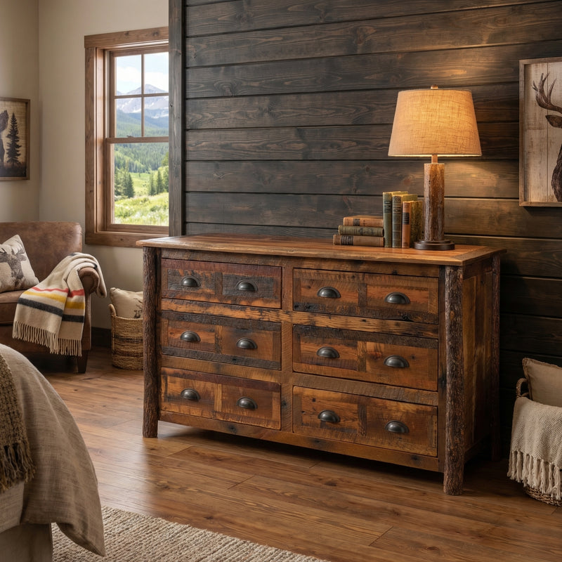 Mount Ypsilon Barnwood and Hickory Dresser with a lamp beside a dark shiplap accent wall in a cabin bedroom