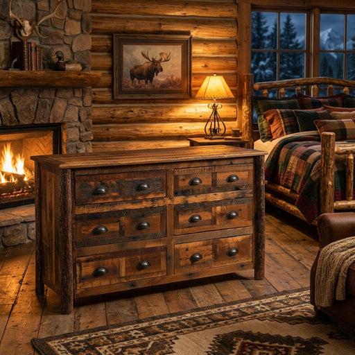 Mount Ypsilon Barnwood and Hickory Dresser below a framed moose print beside a stone fireplace in a lodge bedroom