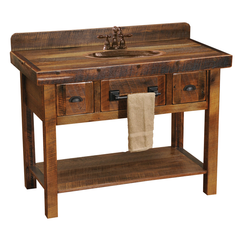 Angled view of the Mount Zion Reclaimed Barnwood Two Drawer Vanity with Artisan Top
