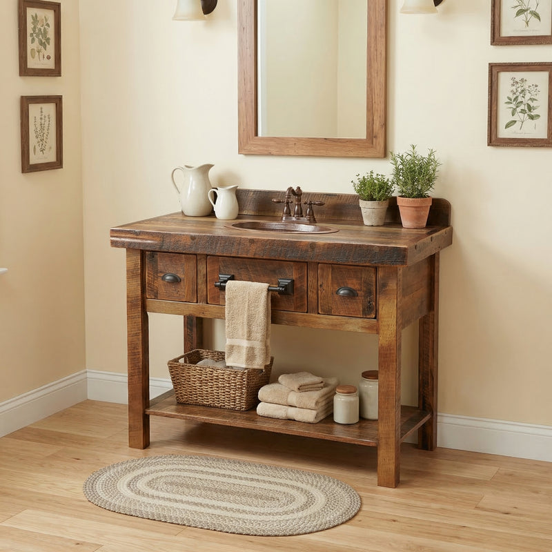 Mount Zion Reclaimed Barnwood Two Drawer Vanity with Artisan Top with towel bar in a rustic bathroom