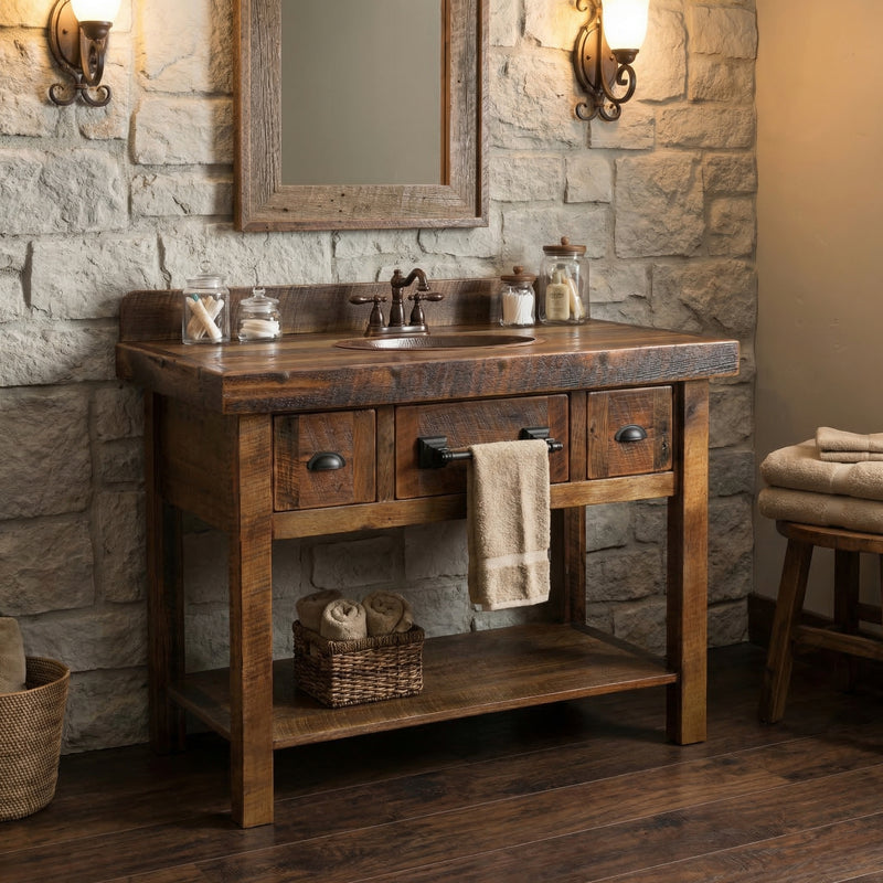 Mount Zion Reclaimed Barnwood Two Drawer Vanity with Artisan Top against a stone bathroom wall