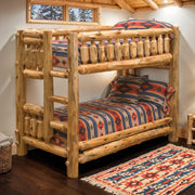 Mount Zirkel Cedar Log Bunk Bed with southwestern bedding and a patterned rug in a log cabin bedroom
