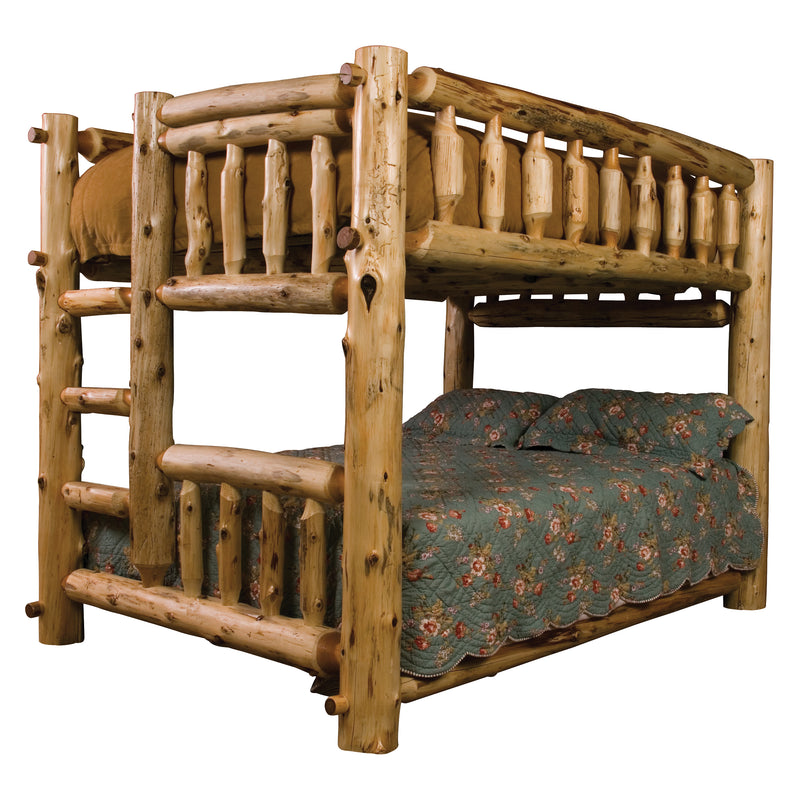 Mount Zirkel Cedar Log Bunk Bed in Full over Queen configuration with left ladder built into the footboard