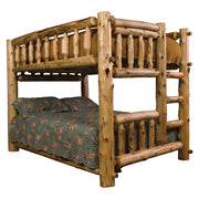 Mount Zirkel Cedar Log Bunk Bed in Queen over Queen configuration with green patterned bedding and right ladder
