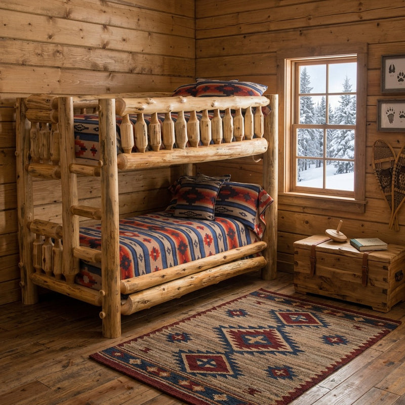 Mount Zirkel Cedar Log Bunk Bed in a log-walled cabin bunk room with a snowy forest window, wooden chest, and patterned rug