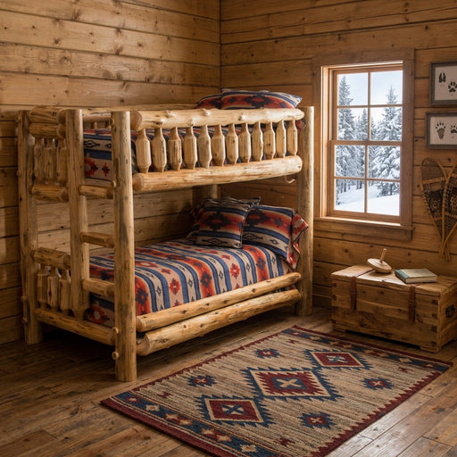 Mount Zirkel Cedar Log Bunk Bed in a log-walled cabin bunk room with a snowy forest window, wooden chest, and patterned rug