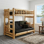 Mount Zirkel Cedar Log Bunk Bed in Twin over Futon configuration with a black futon in a bright lakeside room